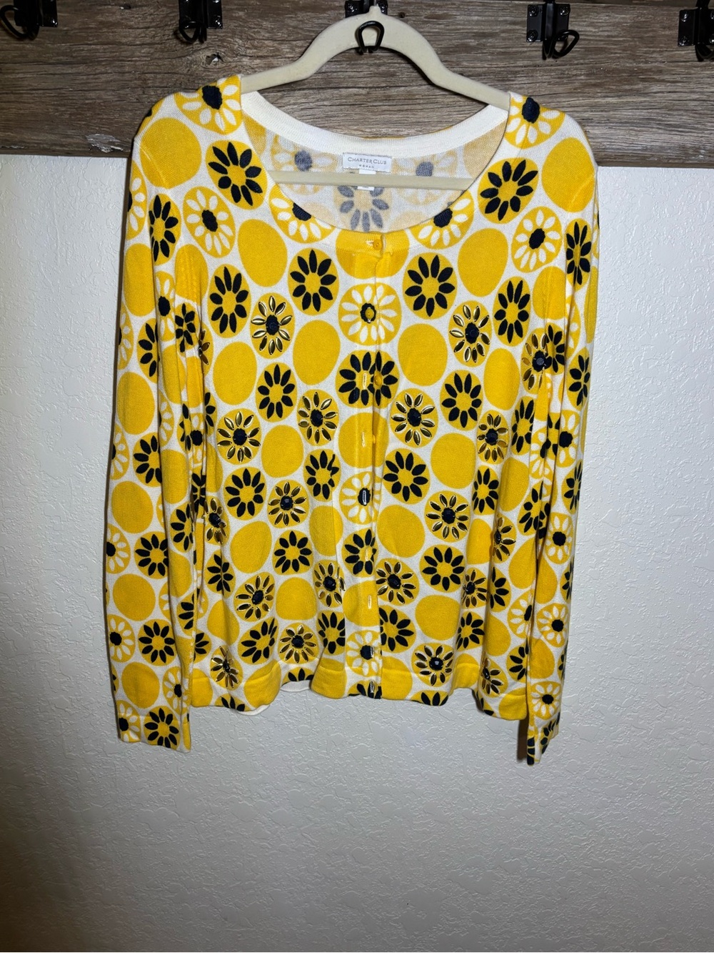 Charter Club Yellow and Black Floral Dot Long-Sleeve Top, size 1X